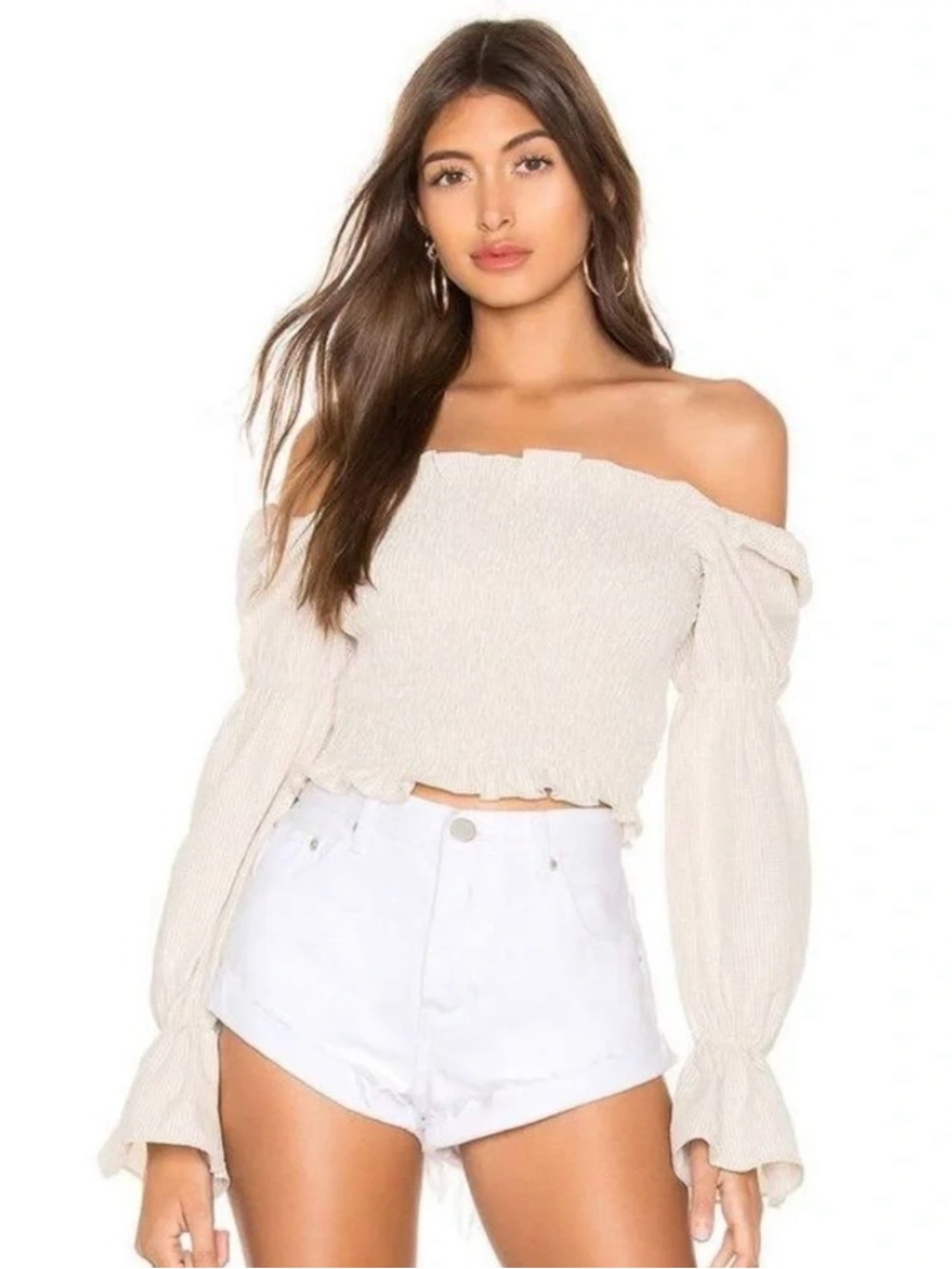 superdown Off-Shoulder Smocked Long-Sleeve Top in Cream gingham